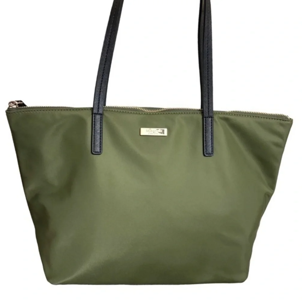 Kate spade olive green nylon black saffiano leather tote bag